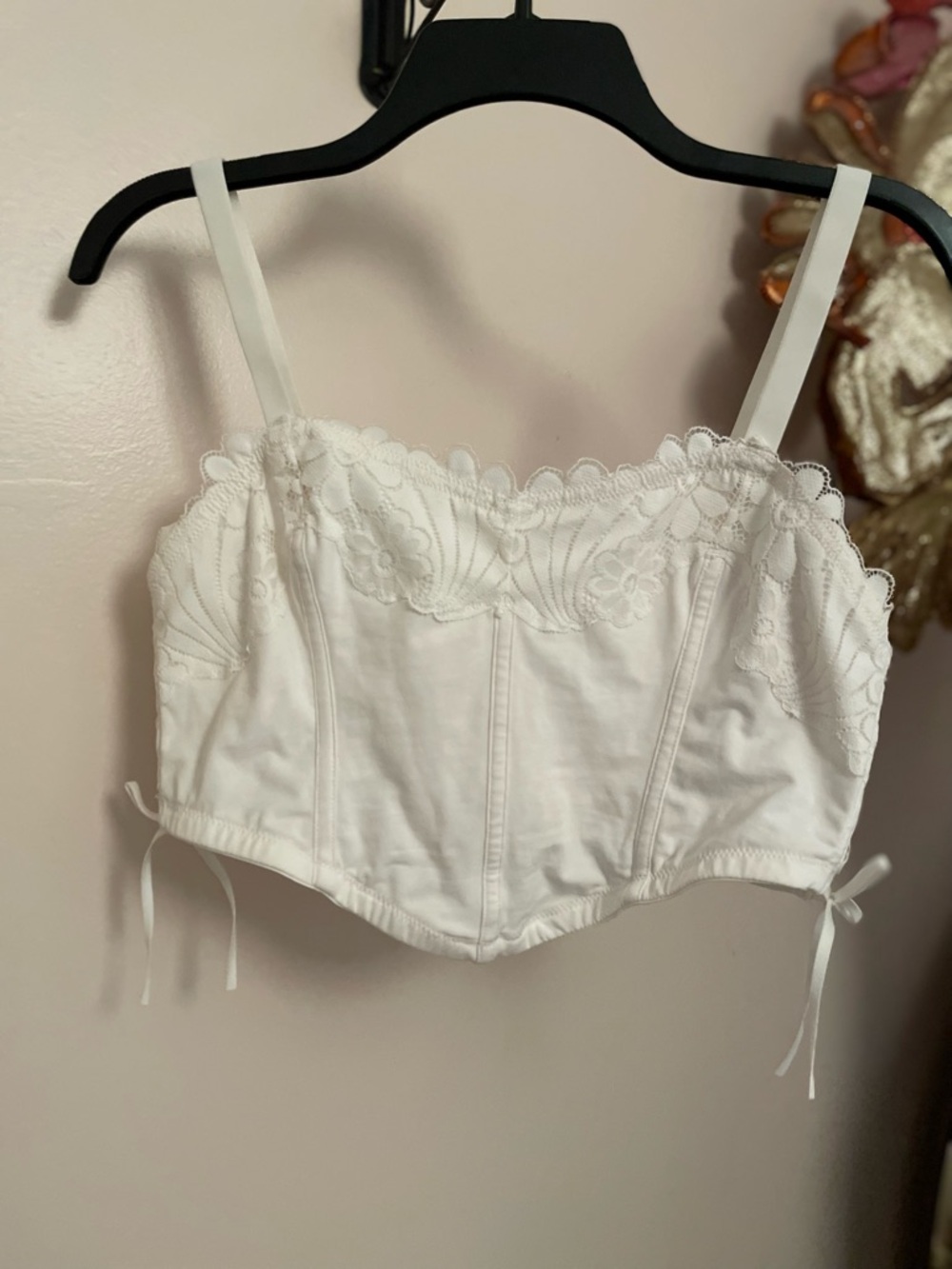 White Cotton Scalloped Lace Trim Cropped Corset Styling Bustier Top XL Bra Back